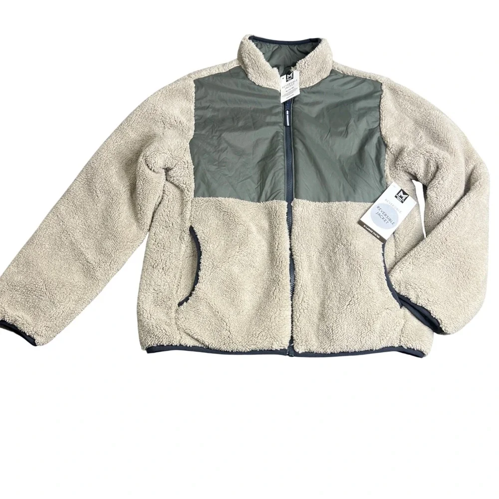 Members Mark Kids Reversible Jacket XL 14/16 Green Tan Sherpa Puffer Zip NWT